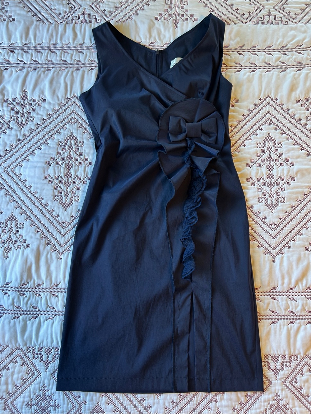 Joseph Ribkoff Dark Navy Sleeveless Midi Dress with Bow & Ruffle Accent